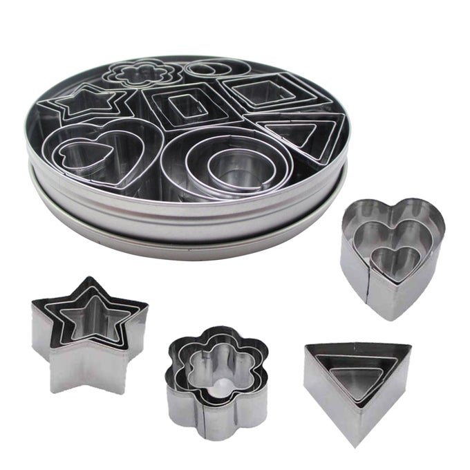 STAINLESS STEEL MINI COOKIE CUTTER SET 24 PCS GEOMETRIC SHAPES BISCUIT MOLDS STAMP ROUND STAR TRIANGLE HEART FLOWER SQUARE RECTANGLE OVAL