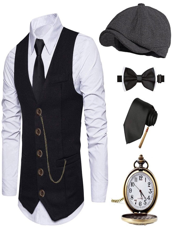 EFORLED 1920s Mens Costume Fedora Hat,Gatsby Gangster Vest,Vintage Pocket Watch,Pre Tied Bow Tie,Tie, Cbkvest-bjhat, L - Image 1
