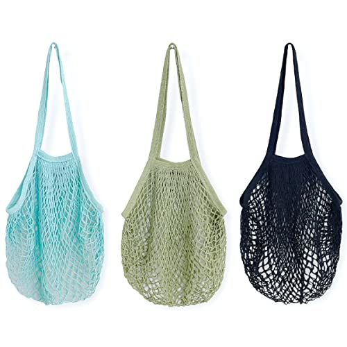 allydrew Cotton Mesh Net Foldable Reusable Grocery Bag for Farmers Market Vegetables Produce Set of 3 Teal Green Black - Image 1
