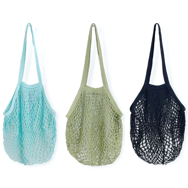 allydrew Cotton Mesh Net Foldable Reusable Grocery Bag for Farmers Market Vegetables Produce Set of 3 Teal Green Black - Image 2