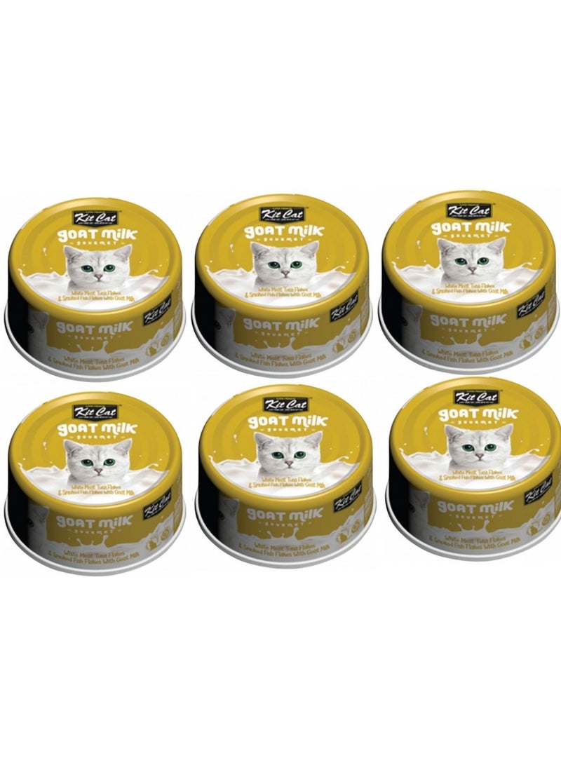 Kit Cat Cat Wet Food White Meat Tuna Flakes And Smoked Fish Flakes With Goat Milk 70g Pack of 6 - Image 1