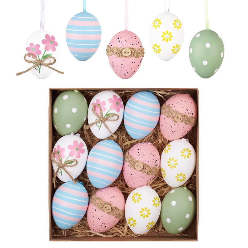 Valery Madelyn 12Pcs Plastic Easter Eggs Ornaments Tree Decoration, 2.36" Pastel Pink Blue Easter Eggs Bulk, Shatterproof Decorative Hanging Decorations for Spring Holiday Party Decor - Image 1