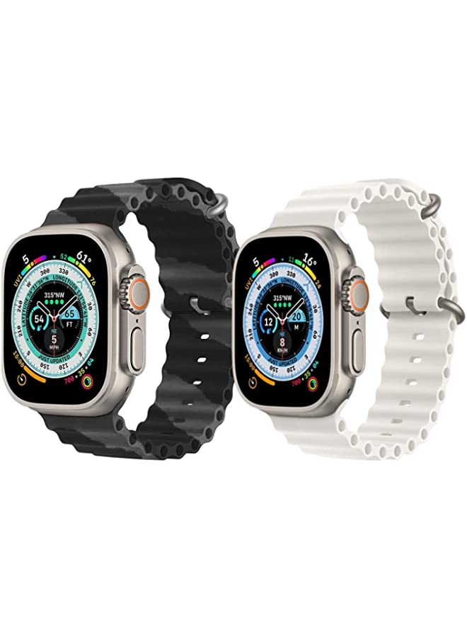 vesus Silicone Ocean Band Strap for Apple Watch Ultra 8 49mm Black/Gray Double Line Strap with White Single Color Strap Set of 2