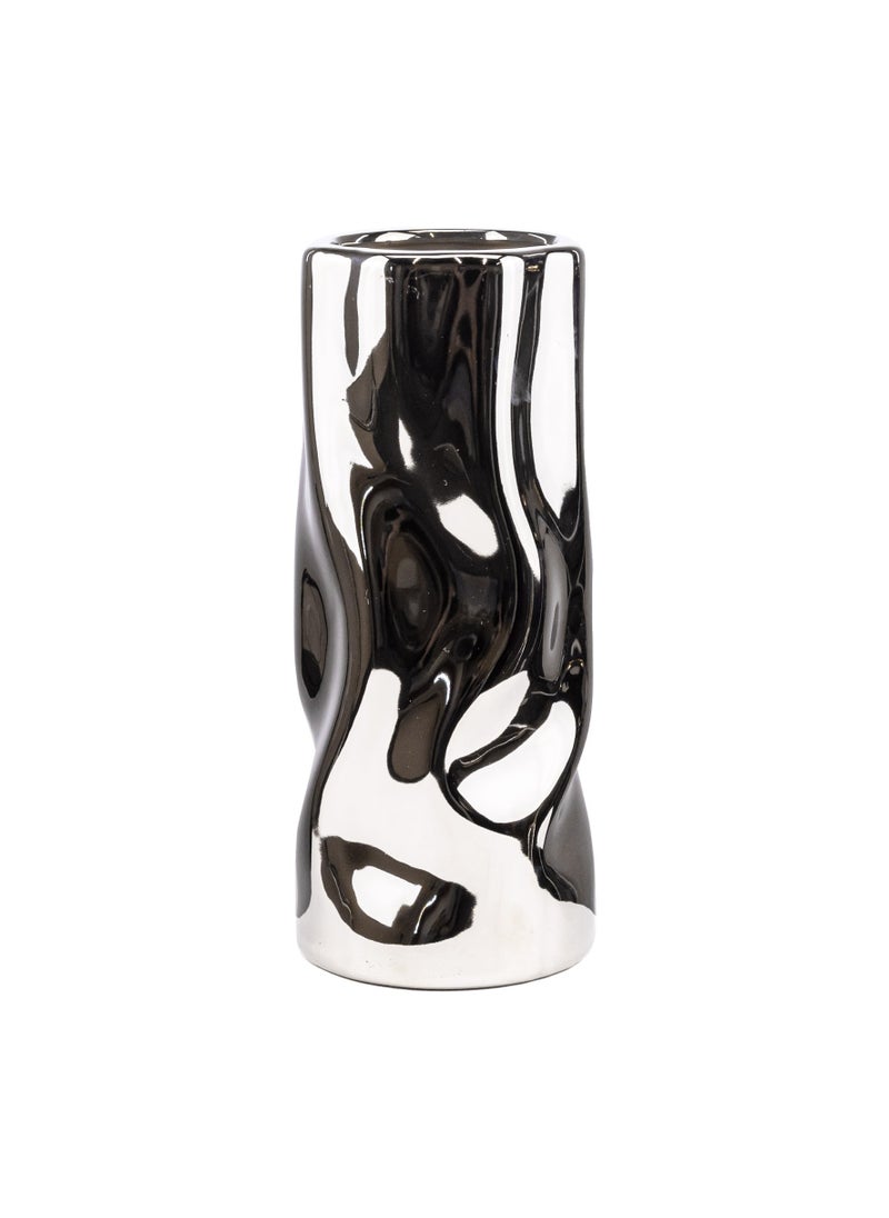 Gulf Flowers Gulf Flowers Ceramic Vase Art Wave – 27cm Tall Silver Decorative Vase – D11cm Modern Textured Ceramic Pot for Living Room, Office, Tabletop & Home Interior Decoration 