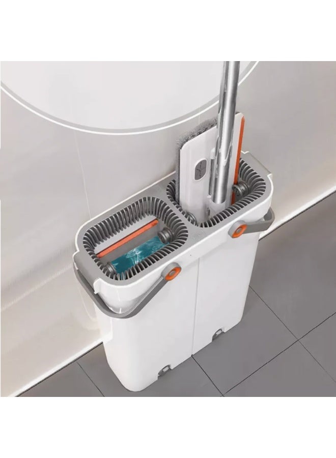دلو ممسحة مزدوج سعة 12 لترًا مع ممسحة دوارة بزاوية 360 درجة - نظام تنظيف أرضيات مزدوج المقصورات للاستخدام الرطب والجاف - ممسحة دوارة بدون استخدام اليدين مع وظيفة الغسيل والتجفيف، مثالية للاستخدام المنزلي والتجاري - Image 2