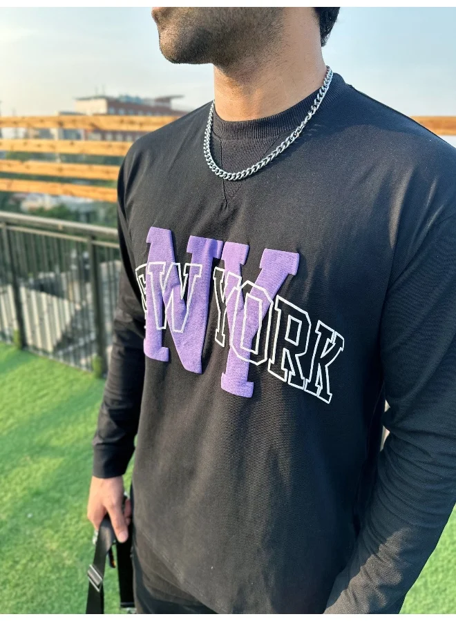 Maniac Mens Printed Round Neck Full Sleeve Black and Purple Cotton Oversized T-Shirt