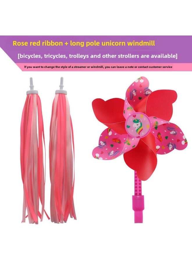 Small Windmill Children's Car Windmill Bicycle Cartoon Rotating Baby Stroller Scooter Front Decoration Accessories-Color:Rose Red Ribbon + Long Pole Unicorn Windmill  - Image 1