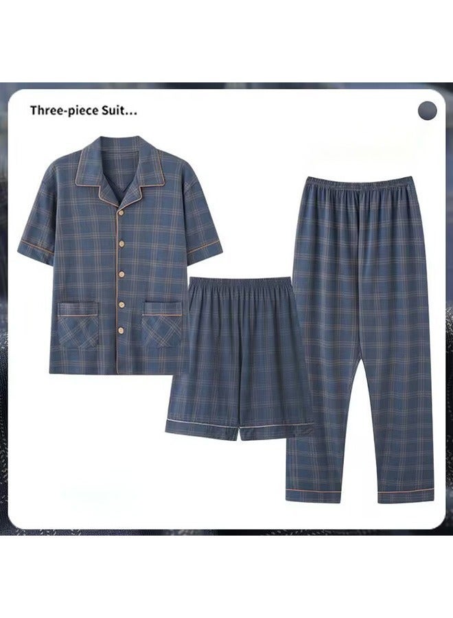 Men's 3-Piece Cotton Pajama Set Blue Grid Pattern Short-Sleeve T-Shirt and Long Pants Lightweight Sleepwear Loungewear Spring Summer