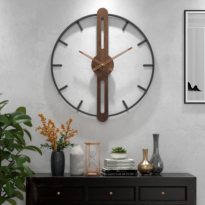 DAYDAYART Modern Walnut Dial Wall Clock, Wood Large Wall Clock Decor Metal Frame Silent Non Ticking for Living Room, Bedroom, Kitchen, Study Decoration, Handmade Home Gift Idea, 20IN （50cm） - Image 1
