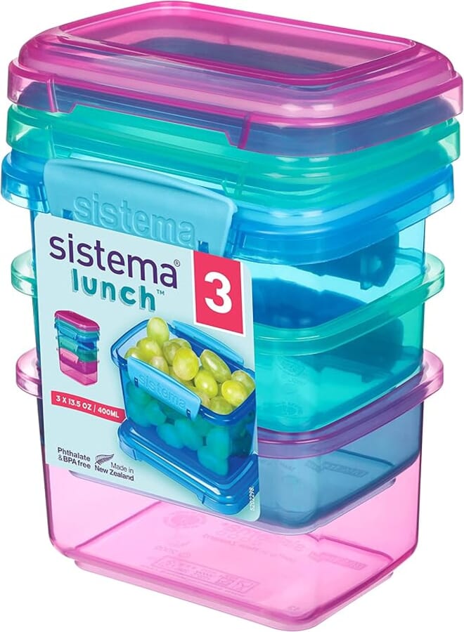 Sistema 3-Piece Food Storage Containers with Lids for Lunch, Meal Prep, and Leftovers, Dishwasher Safe, 1.6-Cup, Blue/Green/Pink