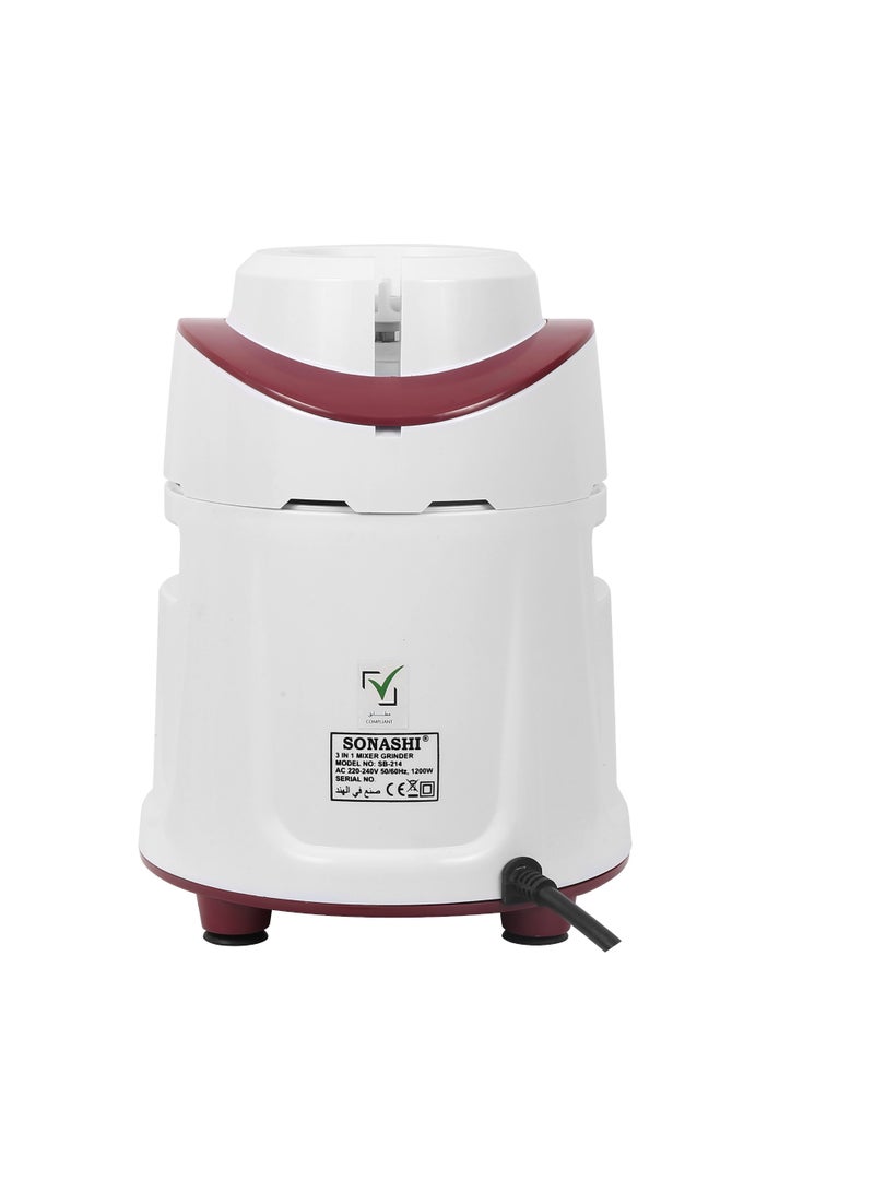 SONASHI 3-in-1 Mixer Grinder with Powerful 1200W Copper Motor | 1.8L Liquidizing Jar, 1.0L Dry Grinding Cup & 0.4L Chutney Cup | 3-Speed Control with Pulse Function | Stainless Steel Jars, Polycarbonate Lids & Heavy-Duty Kitchen Performance | SB-214 White 1.8 L 1200 W SB-214 white - Image 4