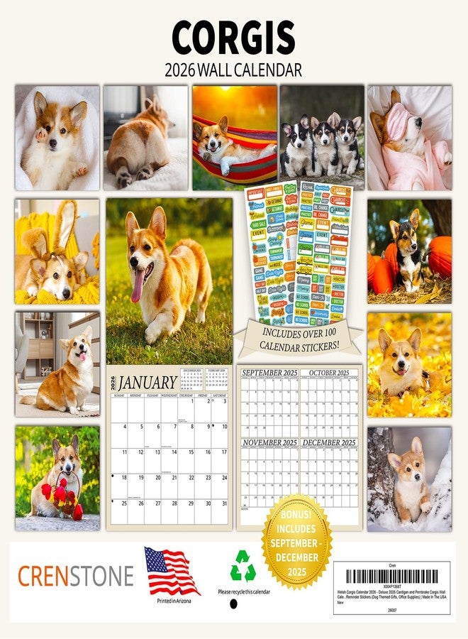 Crenstone Welsh Corgis Calendar 2026 - Deluxe 2026 Cardigan and Pembroke Corgis Wall Calendar Bundle with Over 100 Calendar Reminder Stickers (Dog Themed Gifts, Office Supplies) | Made In The USA - Image 4