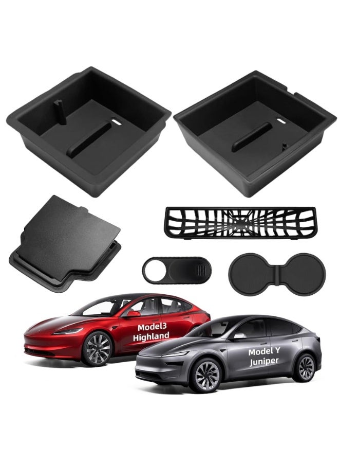 6PCS Center Console Organizer Tray for 2025 2026 New Tesla Model Y Juniper & Model 3 Highland Accessories Silent Hidden Storage Box with Rear Air Vent Protector - Image 1