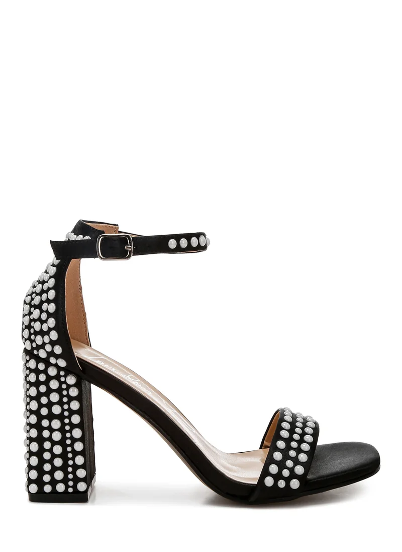 London Rag Pearls Embellished Satin Sandals in Black