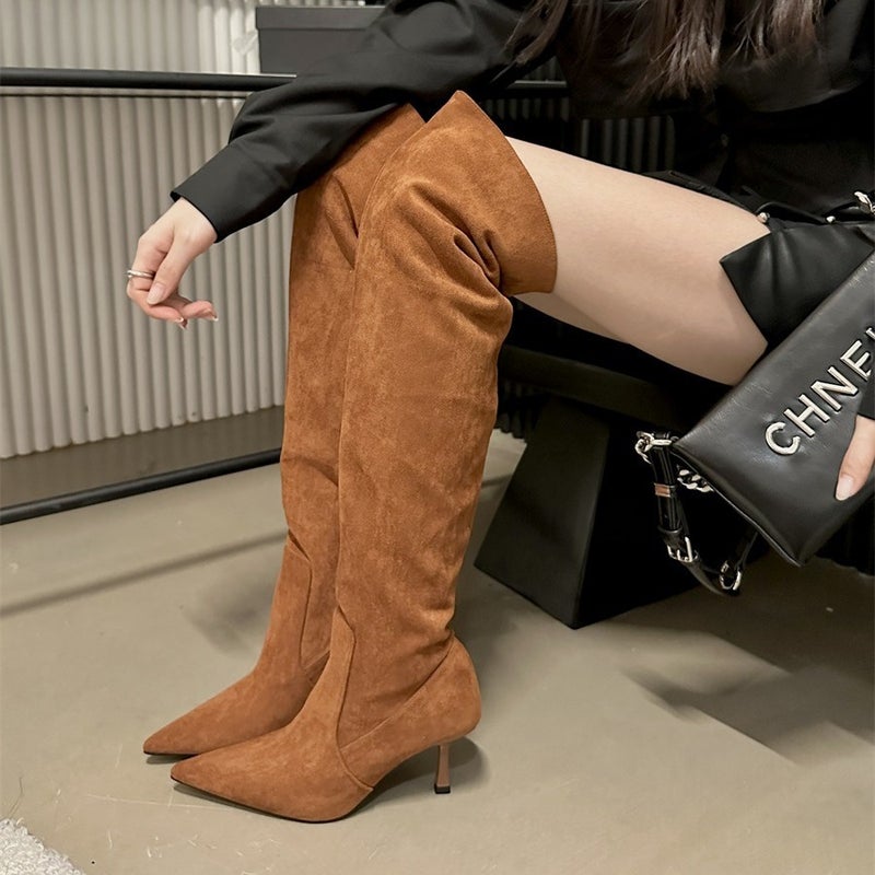 Fashion Boots Large Round Pile Boots Pointed Pleated Thin Heel High Boots - Image 5