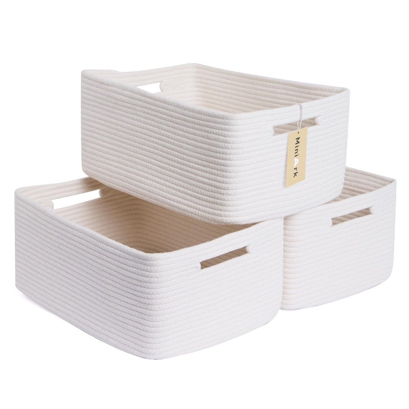 MiniArk Large Storage Baskets for Shelves, Closet Organizers Bins for Clothes Blanket Towels, Baby Nursery, Toy Baskets Box, Woven Rope Baskets, 17 x 13 x 7.5â€, 3 Packs Off White - Image 1