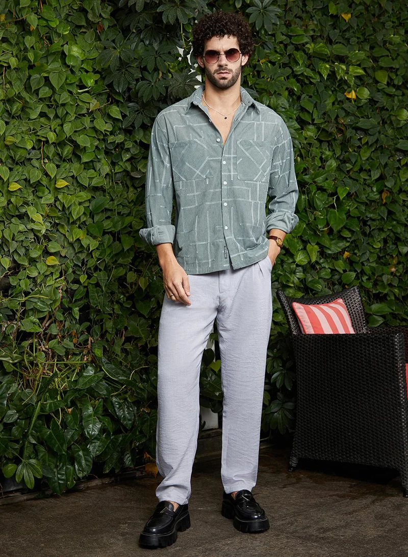 Campus Sutra Men's Sage Green CrossHatch Utility Shirt
