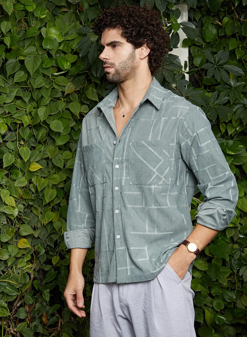 Campus Sutra Men's Sage Green CrossHatch Utility Shirt