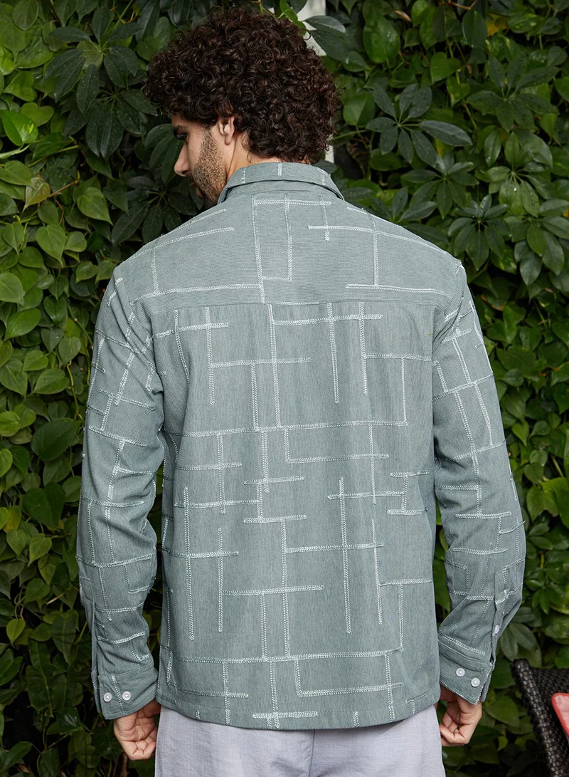 Campus Sutra Men's Sage Green CrossHatch Utility Shirt