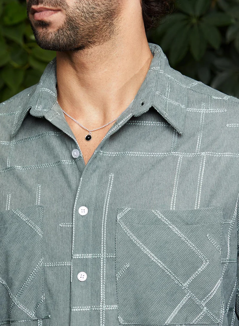 Campus Sutra Men's Sage Green CrossHatch Utility Shirt