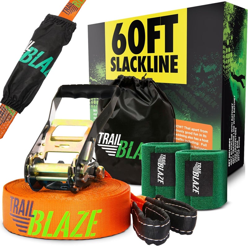 Trailblaze Complete Slackline Kit with Training Line - 60ft Slack Lines for Backyard for Kids and Adults, Wider Tree Protectors - Ninja Slackline Kit for Kids Outdoor Play Equipment (Essential Kit - Orange) - Image 1