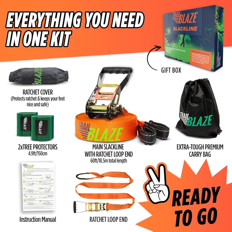 Trailblaze Complete Slackline Kit with Training Line - 60ft Slack Lines for Backyard for Kids and Adults, Wider Tree Protectors - Ninja Slackline Kit for Kids Outdoor Play Equipment (Essential Kit - Orange) - Image 4