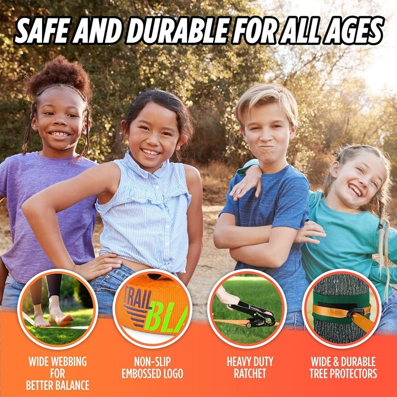 Trailblaze Complete Slackline Kit with Training Line - 60ft Slack Lines for Backyard for Kids and Adults, Wider Tree Protectors - Ninja Slackline Kit for Kids Outdoor Play Equipment (Essential Kit - Orange) - Image 5
