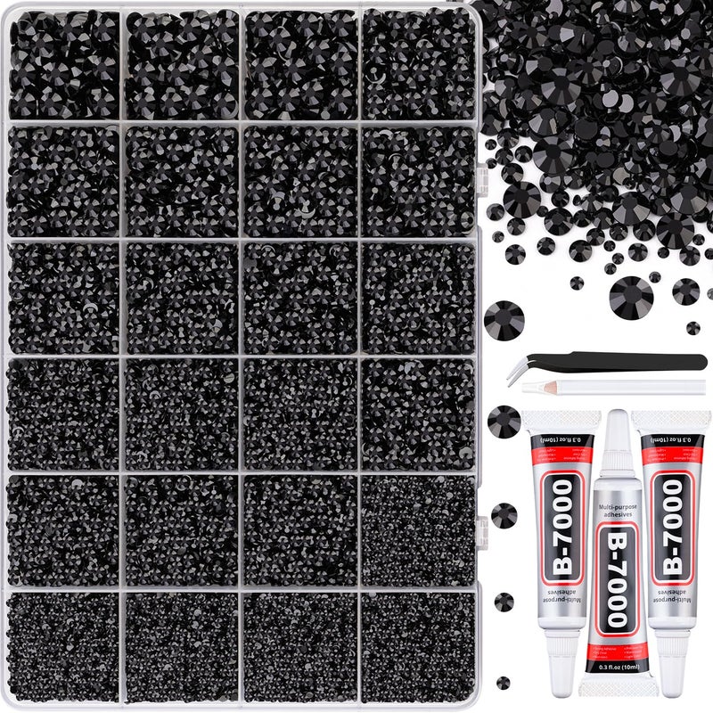 TINKRSTUFF 32000Pcs Black Rhinestones for Bedazzling, Flatback Resin Gems Crystal, Bedazzler Kit with 3Pcs 10ml B7000 Jewelry Glue and Tweezers for Makeup Crafting Nail Art - Image 1