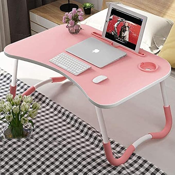 rayihni FOLDING BED LAPTOP TABLE TRAY LAP DESK NOTEBOOK STAND WITH IPAD HOLDER CUP SLOT ADJUSTABLE ANTI SLIP LEGS FOLDABLE FOR INDOOR OUTDOOR CAMPING STUDY EATING READING WATCH MOVIES ON COUCH SOFA FLOOR - Image 1