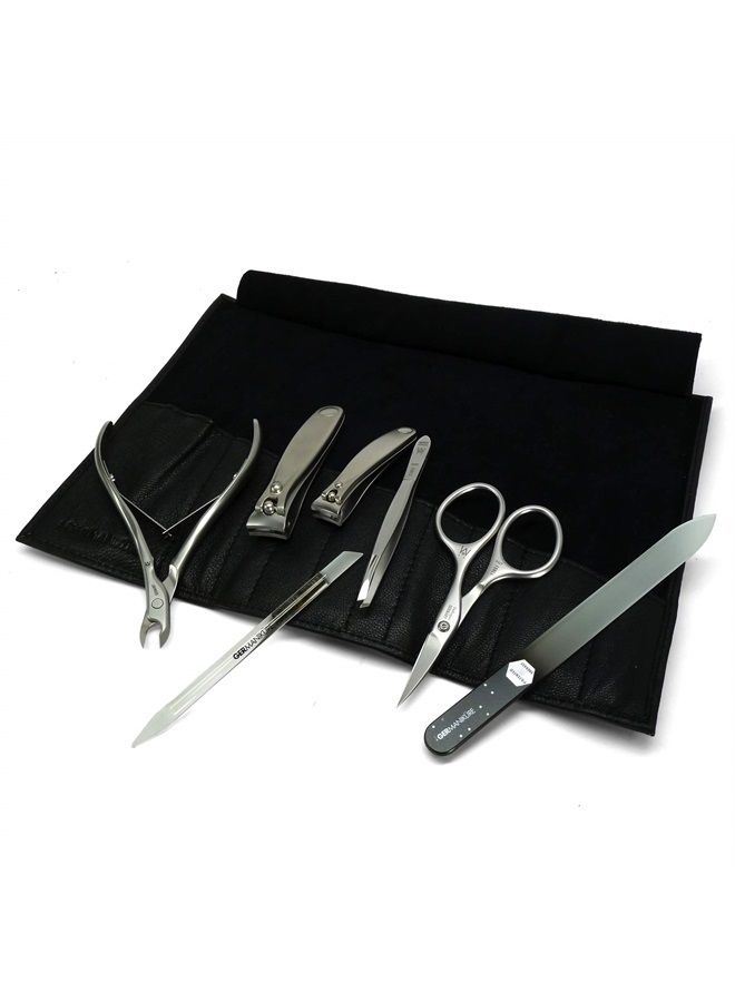 GERMANIKURE 7pc Manicure Set in Black Leather Case - FINOX Stainless Steel Tools Made in Germany, Glass Nail Care Supplies Made in Czech Republic – Professional Cuticle and Nail Care Kit - Image 1