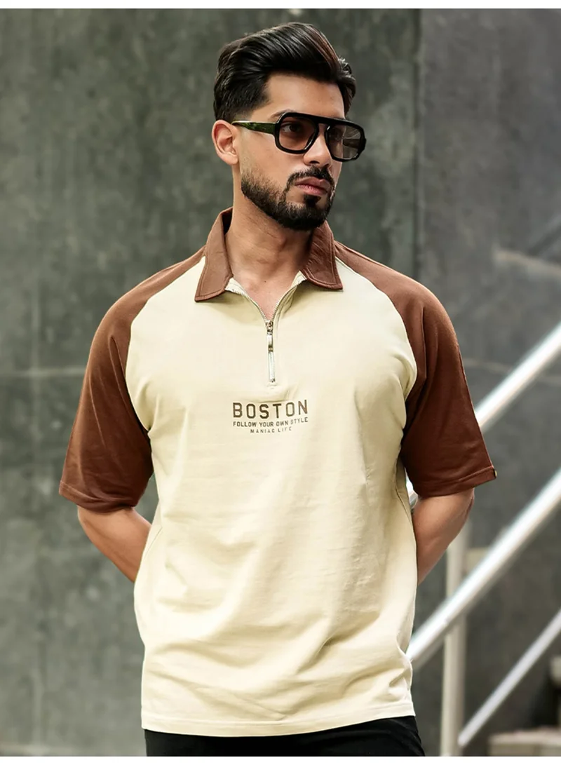 Maniac Maniac Mens Printed Raglan Half Sleeve Polo Neck Beige and Brown Cotton T-Shirt