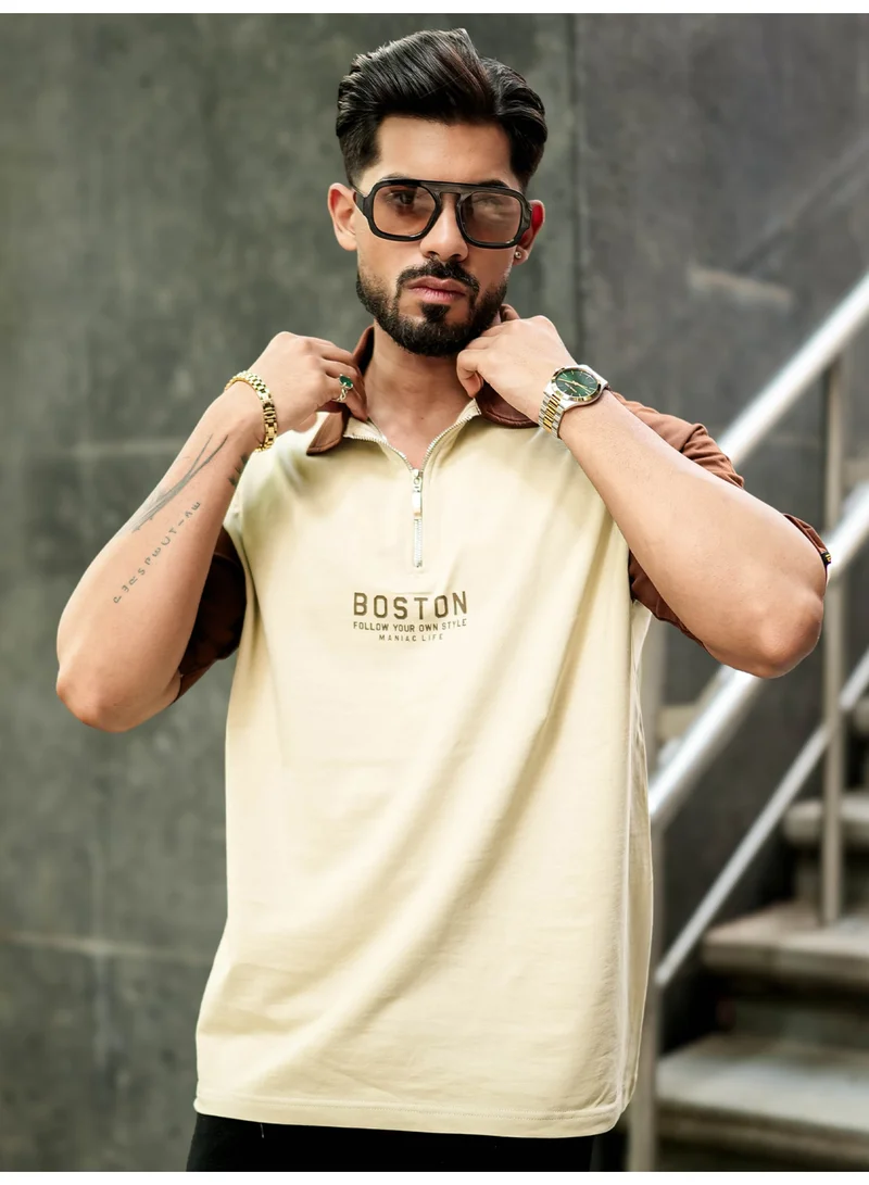Maniac Maniac Mens Printed Raglan Half Sleeve Polo Neck Beige and Brown Cotton T-Shirt