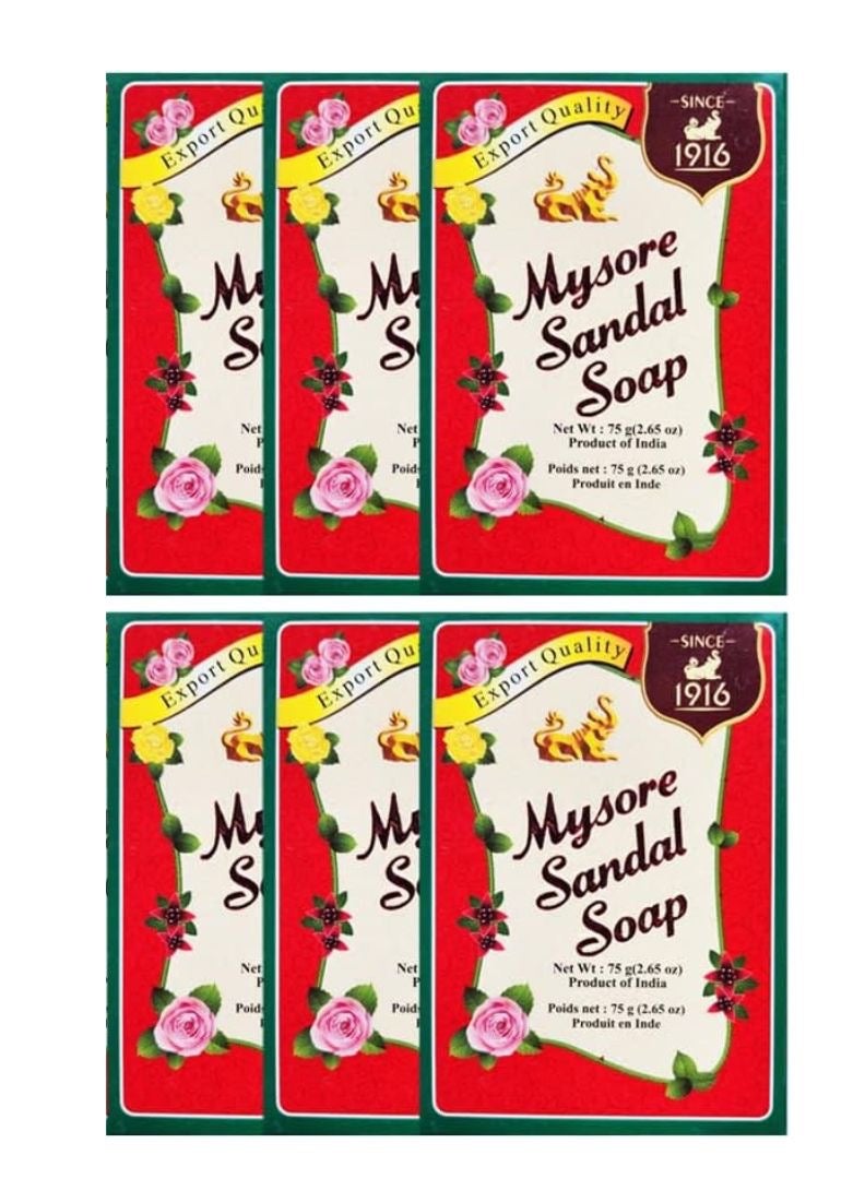 صابون صندل من مايسور . صابون صندل مايسور - عبوة من 6 قطع (75 غرام) البارات)، من ميسور صاندل. - Image 1