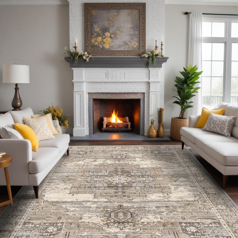 RUUGME Washable 8x10 Area Rugs - Large Rugs for Living Room Stain Resistant Carpet Vintage Rugs for Bedroom with Non Slip Backing Home Decor Floor Decoration Mat (8x10 Beige) - Image 1
