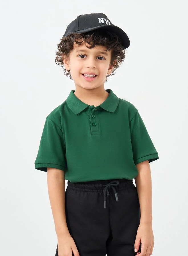 Styli Styli Boys Green Solid Cotton Polo T-Shirt