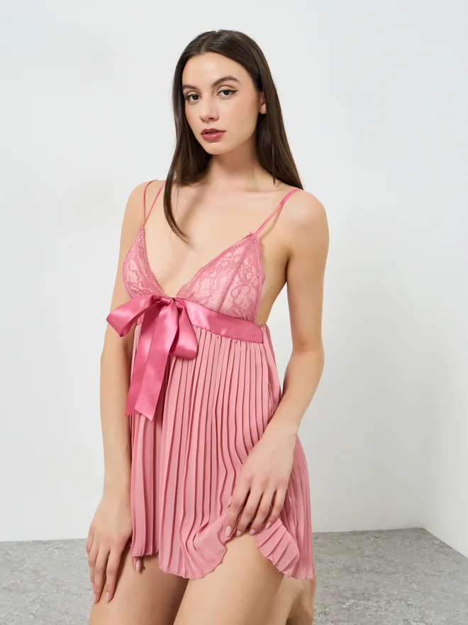 ستايلي Styli Pink Bow Detail Pleated Babydoll with Brief