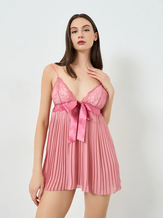 ستايلي Styli Pink Bow Detail Pleated Babydoll with Brief