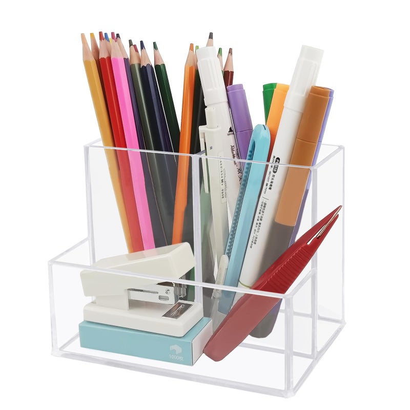 HSYMQ Desktop Clear Pen Holder with 3 Compartments, Acrylic Pencil Holders, Desk Organizers and Accessories - Image 1