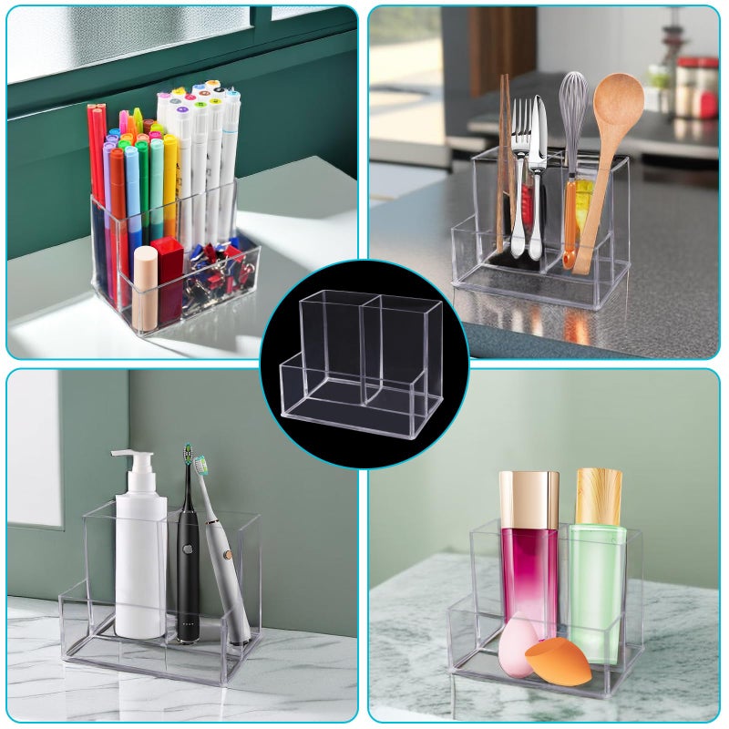 HSYMQ Desktop Clear Pen Holder with 3 Compartments, Acrylic Pencil Holders, Desk Organizers and Accessories - Image 5