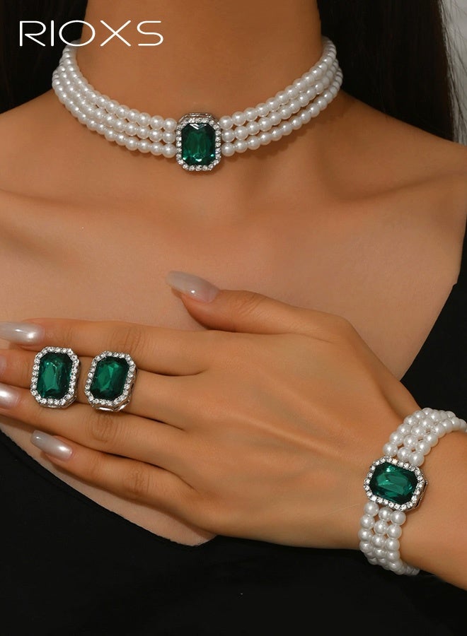RIOXS Pearls Layered Choker Necklaces, Multilayer Faux Bridal Pearl Bracelet, Crystal Earrings Jewelry Set, Elegant Choker Necklace  Jewelry Set for Wedding Prom Party - Image 1