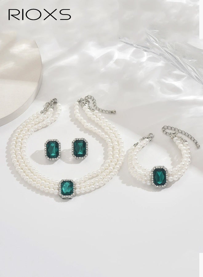 RIOXS Pearls Layered Choker Necklaces, Multilayer Faux Bridal Pearl Bracelet, Crystal Earrings Jewelry Set, Elegant Choker Necklace  Jewelry Set for Wedding Prom Party - Image 2