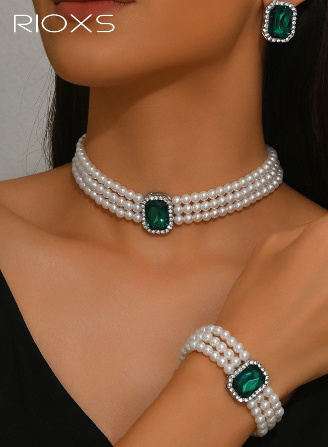 RIOXS Pearls Layered Choker Necklaces, Multilayer Faux Bridal Pearl Bracelet, Crystal Earrings Jewelry Set, Elegant Choker Necklace  Jewelry Set for Wedding Prom Party - Image 3