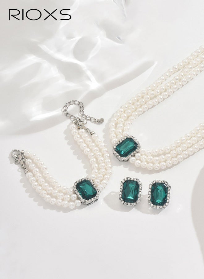 RIOXS Pearls Layered Choker Necklaces, Multilayer Faux Bridal Pearl Bracelet, Crystal Earrings Jewelry Set, Elegant Choker Necklace  Jewelry Set for Wedding Prom Party - Image 4
