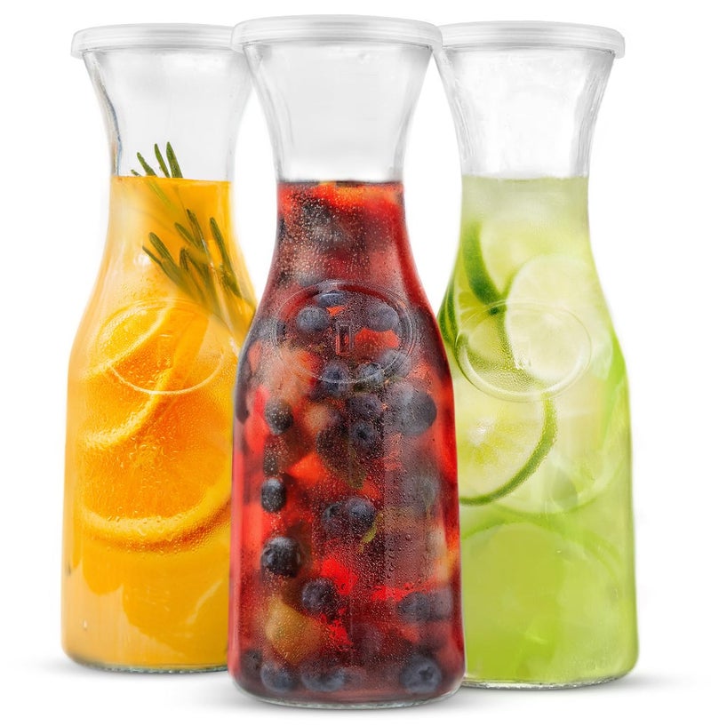 KooK Glass Carafe Mimosa Bar Supplies Carafe Pitchers with Lid Set of 3 Glass Water Pitcher Drink Dispensers for Parties Tea Wine and Juice Plastic Lids Dishwasher Safe 35 oz