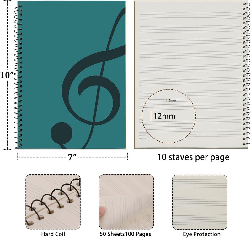 MOREYES Music Notebook Composition Manuscript Staff Notebook with 100 Pages 10.24x7.5 inch/26x19cm, Green - Image 2