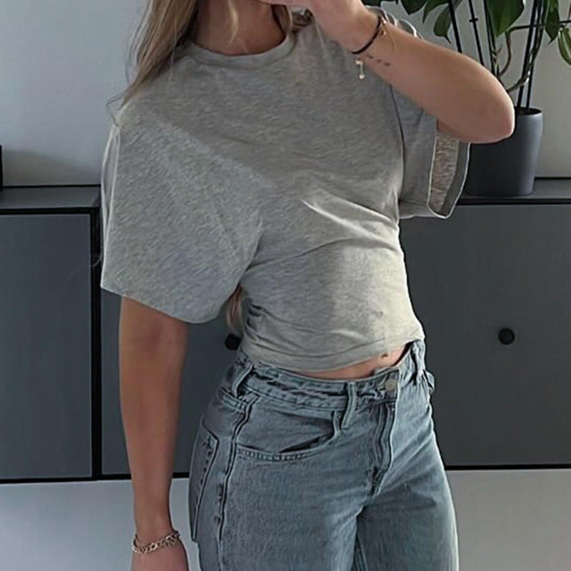 Foidiccx Womens Wide Short Sleeve Y2k Shirts Summer Going Out Corset Grunge Tops Loose Fit Tee Streetwear Cinched Waist T Shirt Vintage Aesthetic Fitted Casual Cropped Top (Gray, M) - Image 3