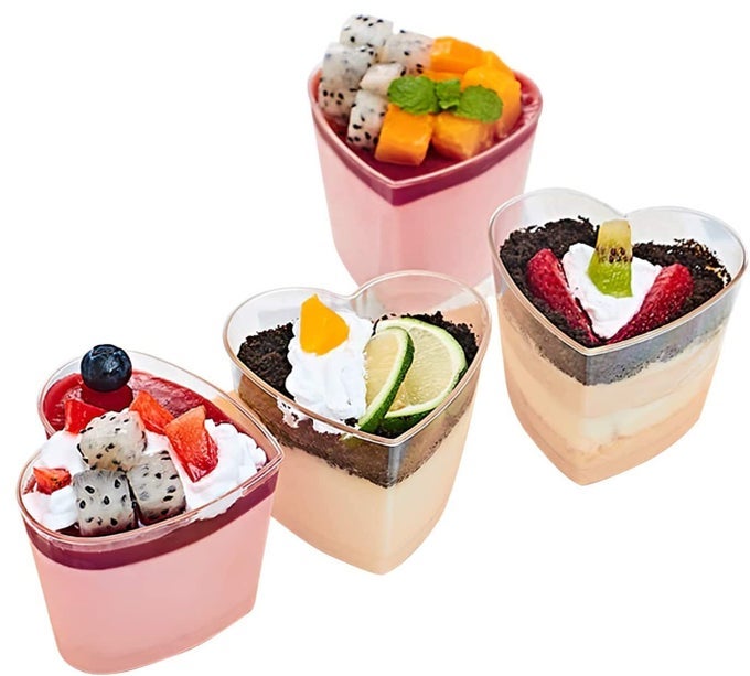50PCS PLASTIC DESSERT CUPS 150ML HEART SHAPE DESSERT CUPS CLEAR PARFAIT APPETIZER CUP REUSABLE SERVING BOWL FOR DESSERT PUDDING MOUSSE PARTY 73 X 6CM