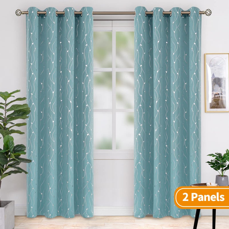 BGment Room Darkening Curtains 90 Inches Long  Grommet Thermal Insulated Blackout Curtains with Wave Line and Dots Printed for Bedroom  2 Panels  Each 52 x 90 Inch  Aqua - Image 2