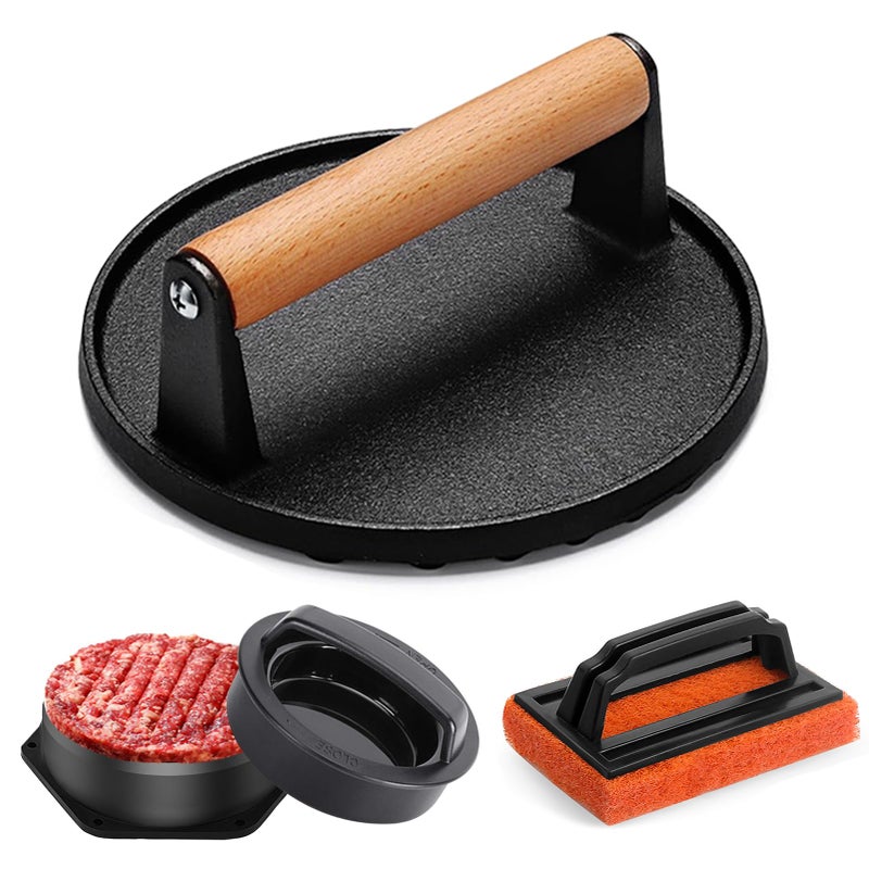 Grilliance Smash Burger Press kit, Heavy-Duty Cast Iron Round Grill Bacon Press with Wood Handle, 3 in 1 Hamburger Press Patty Maker Tools, Cleaning Pad Set for Blackstone Griddle Flat Top Cooking - Image 1