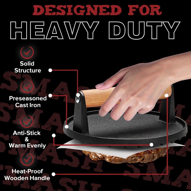 Grilliance Smash Burger Press kit, Heavy-Duty Cast Iron Round Grill Bacon Press with Wood Handle, 3 in 1 Hamburger Press Patty Maker Tools, Cleaning Pad Set for Blackstone Griddle Flat Top Cooking - Image 3